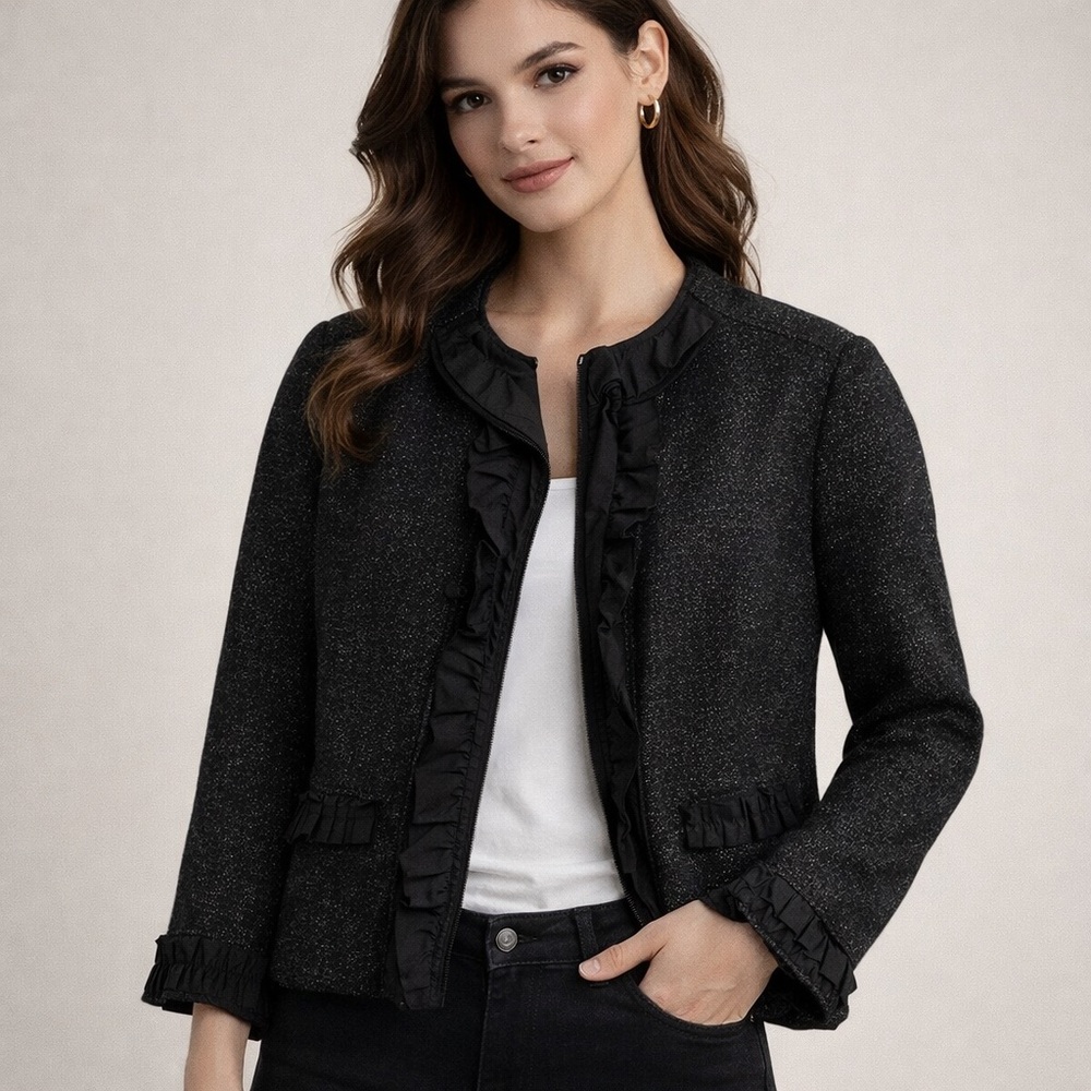 Ann Taylor Tweed Blazer Jacket Womens 4 Career Office Open Front Black White